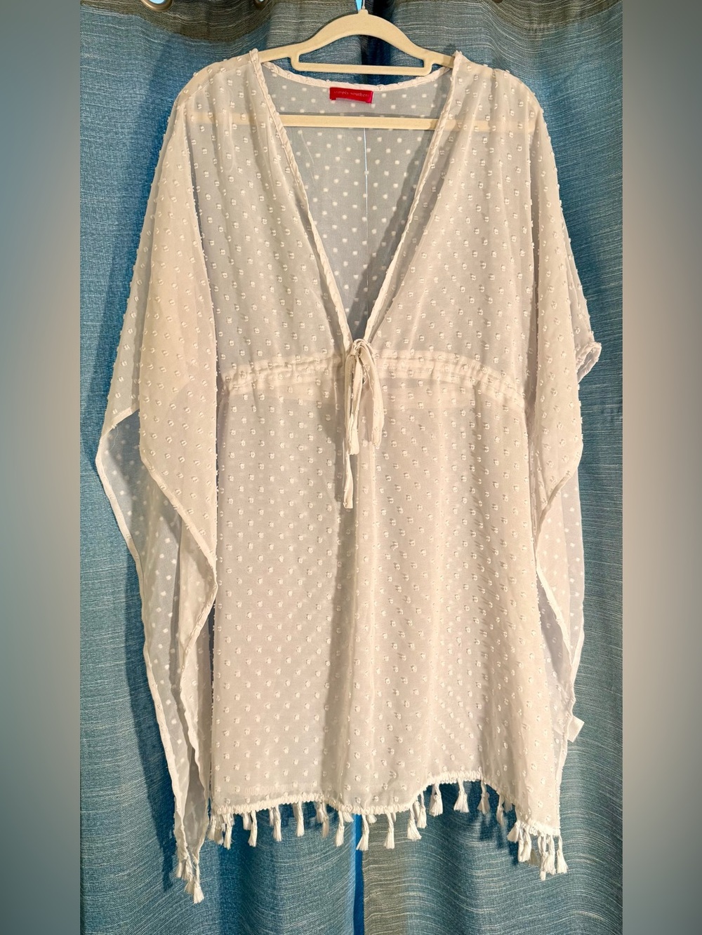 Simply Southern White Swiss Dot Tie-Front Swim Coverup with Tassel Hem